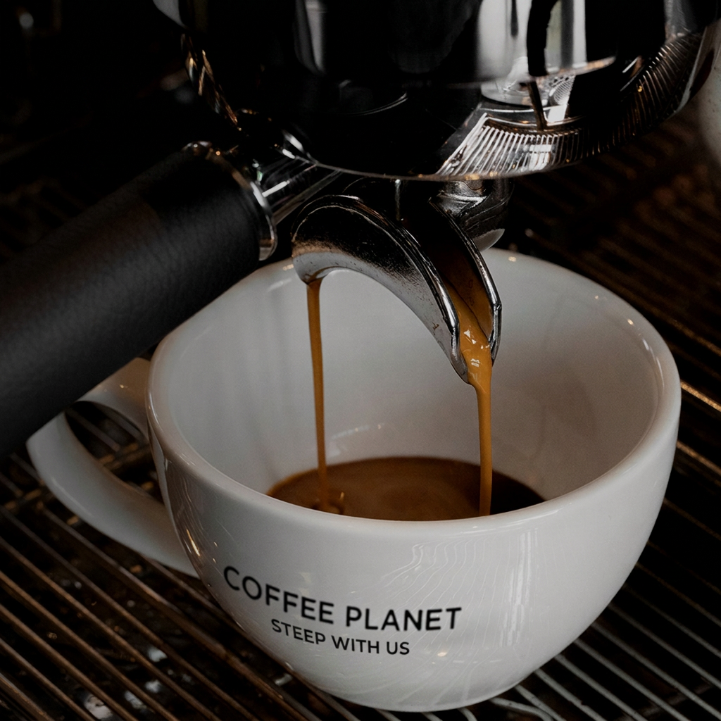 Espresso pouring into a Coffee Planet cup for hotels, restaurants and cafes