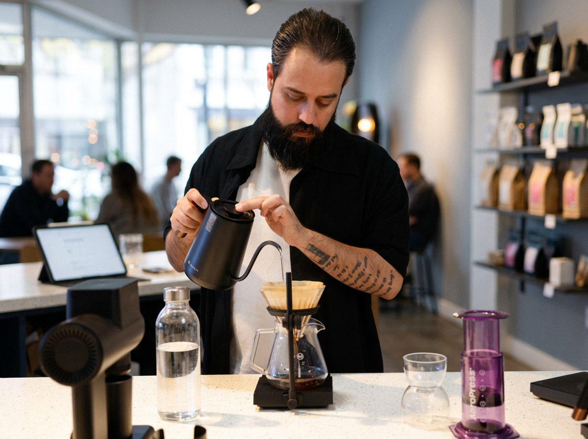 V60 pour over and Chemex brewing setup with gooseneck kettle