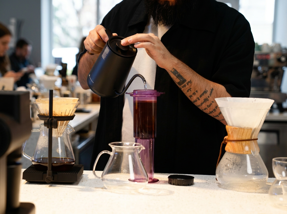 Barista adjusting grind and temperature in an advanced brewing lab
