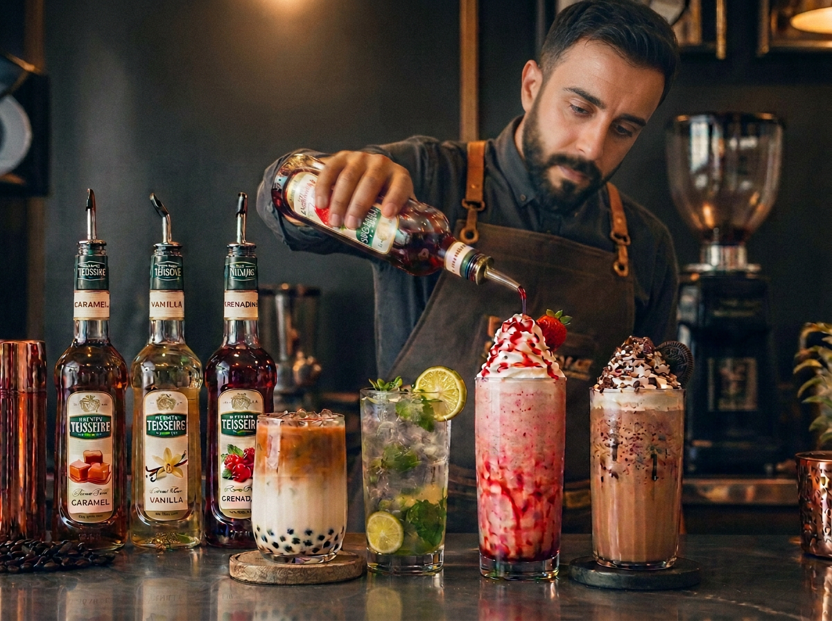 Barista pouring flavoured syrup over colourful iced drinks on a café bar