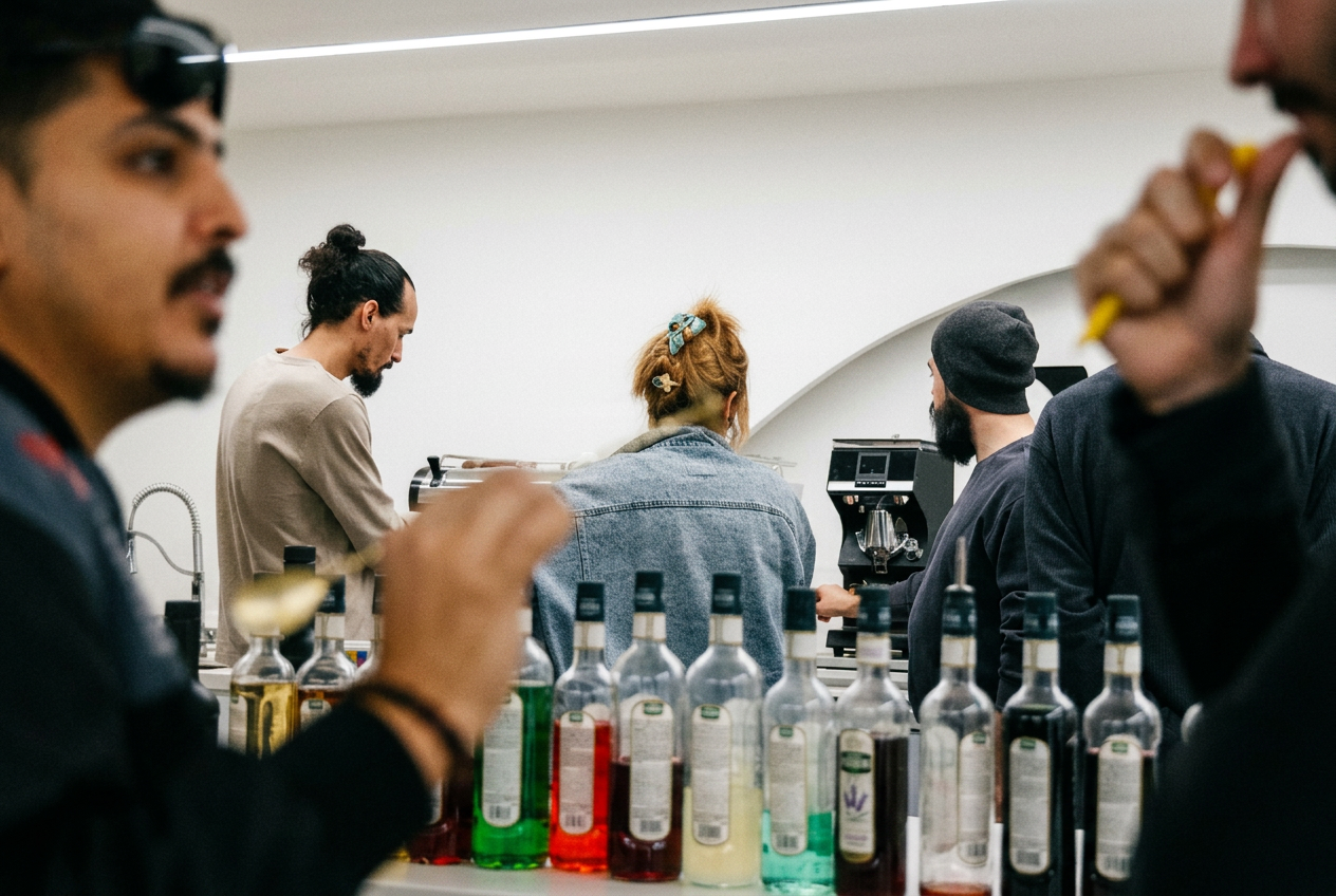 Instructor presenting hot and iced coffee drinks during a comprehensive barista course