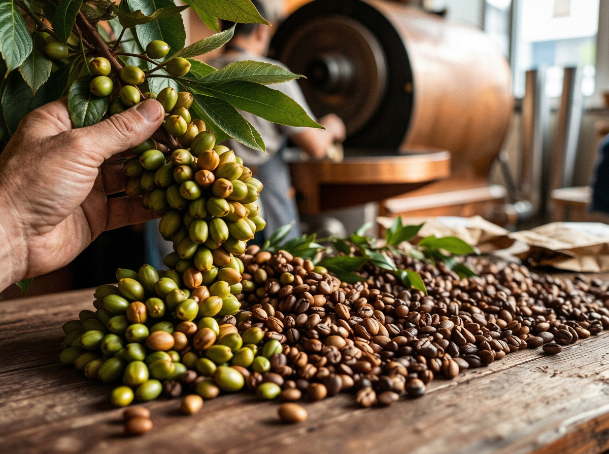 Coffee cherries, green beans and roasted beans beside a coffee roaster