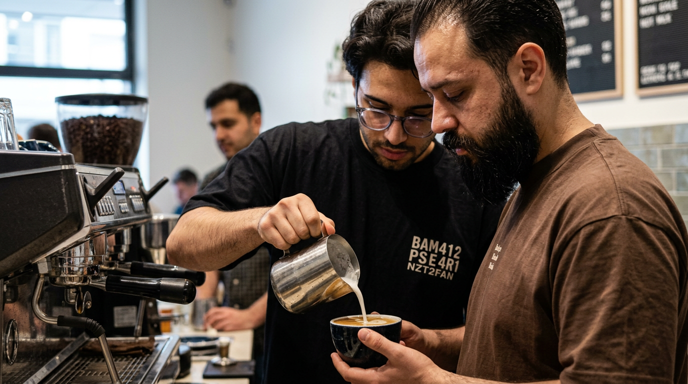Barista pouring a rosetta latte art pattern into a white cup
