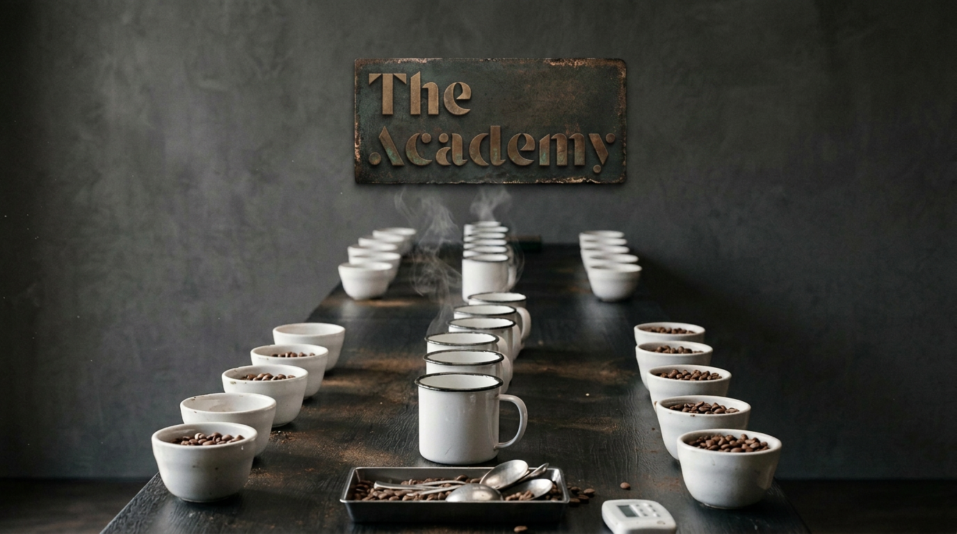 Professional coffee cupping table with bowls, spoons and a flavour wheel
