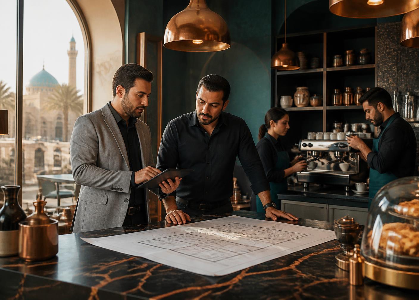 Coffee farmers and roasters collaborating at a sustainable coffee processing station in Iraq