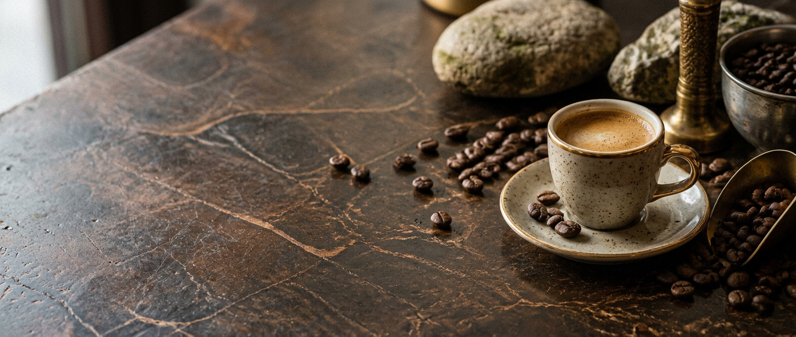 Espresso cup on bronze marble representing the early registration offer