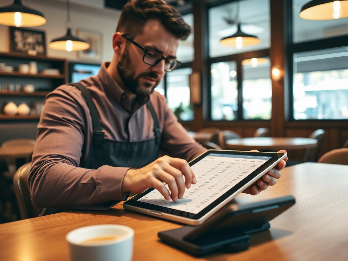 Café manager reviewing cost and inventory figures on a tablet