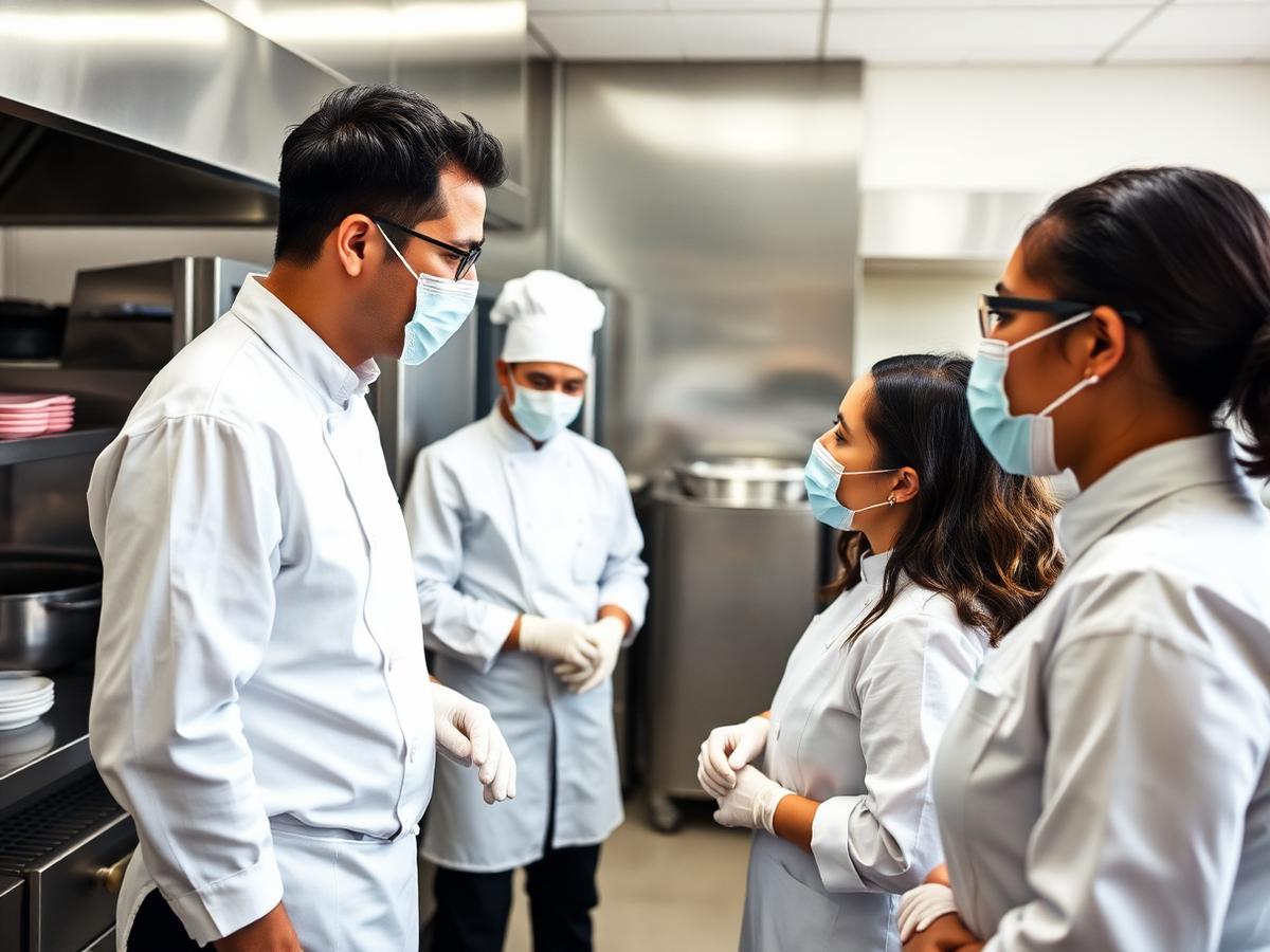 Kitchen staff in white uniforms during a food safety training session