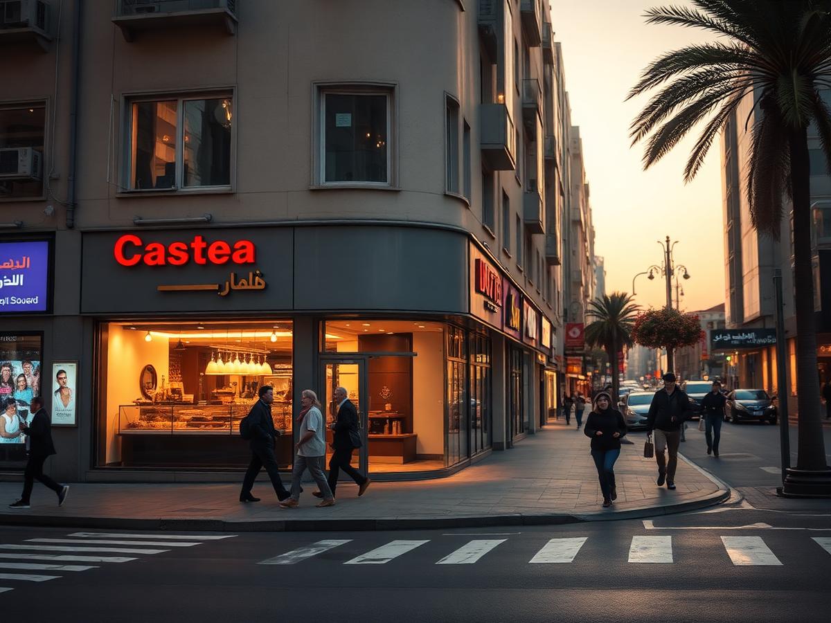 Prime corner retail storefront on a busy city street at dusk