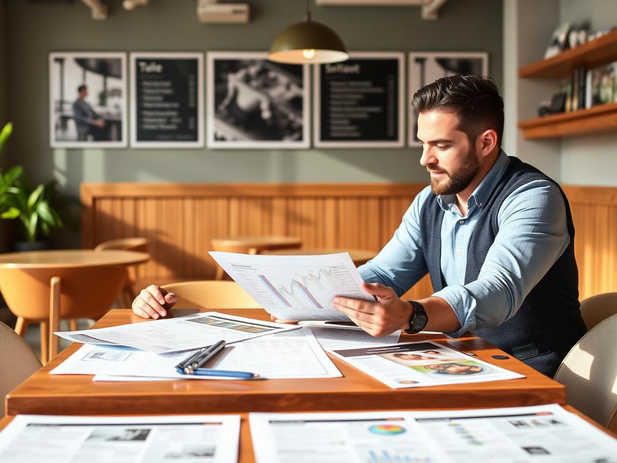 Consultant and café owner reviewing sales charts and menu designs